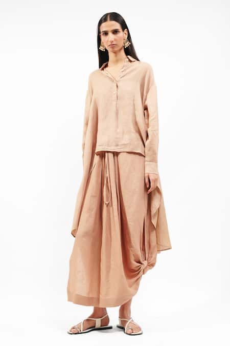 Buy_AK-OK_Brown Linen Collared Asymmetrical Shirt And Draped Skirt Set _Online_at_Aza_Fashions