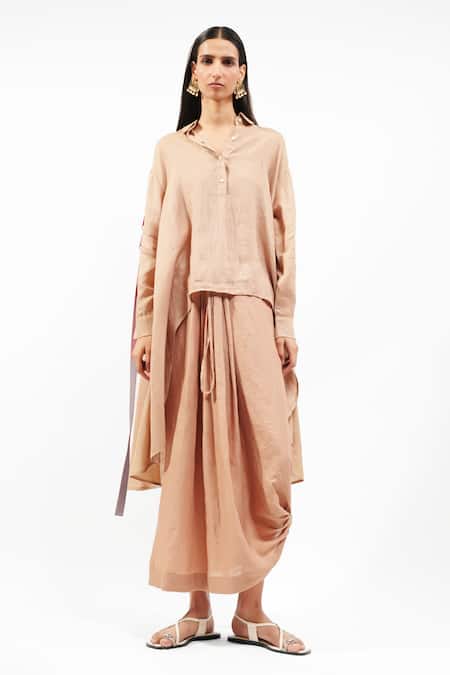 AK-OK Linen Asymmetrical Shirt & Draped Skirt Set