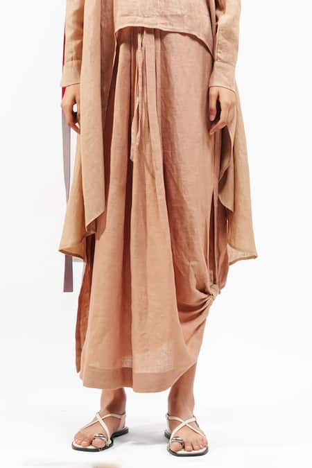 Shop_AK-OK_Brown Linen Collared Asymmetrical Shirt And Draped Skirt Set _Online_at_Aza_Fashions
