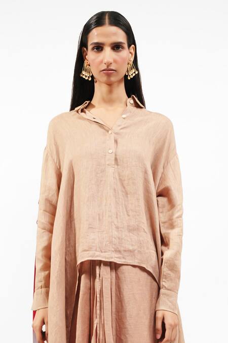 AK-OK_Brown Linen Collared Asymmetrical Shirt And Draped Skirt Set _at_Aza_Fashions