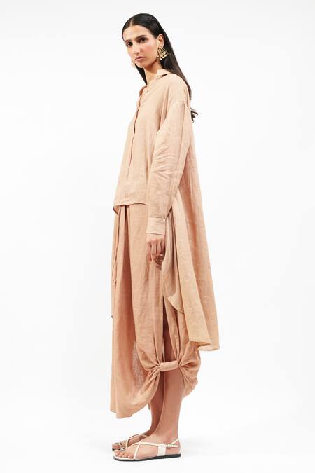 Buy_AK-OK_Brown Linen Collared Asymmetrical Shirt And Draped Skirt Set 