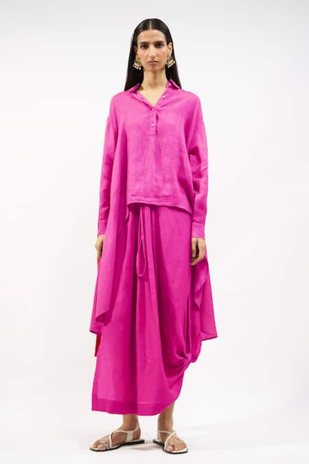 AK-OK Linen Oversized Shirt & Draped Skirt Set 