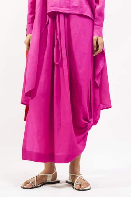 AK-OK_Pink Linen Collared, V-neck Oversized Shirt And Draped Skirt Set _Online_at_Aza_Fashions