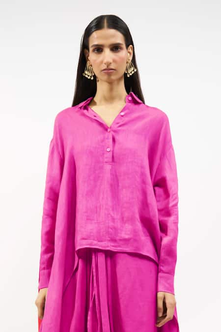 AK-OK Linen Oversized Shirt & Draped Skirt Set 