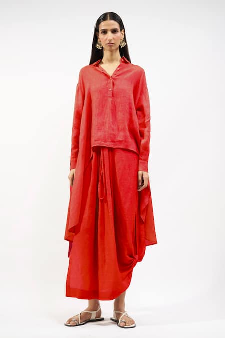 AK-OK Linen Collared Shirt & Asymmetric Skirt Set 