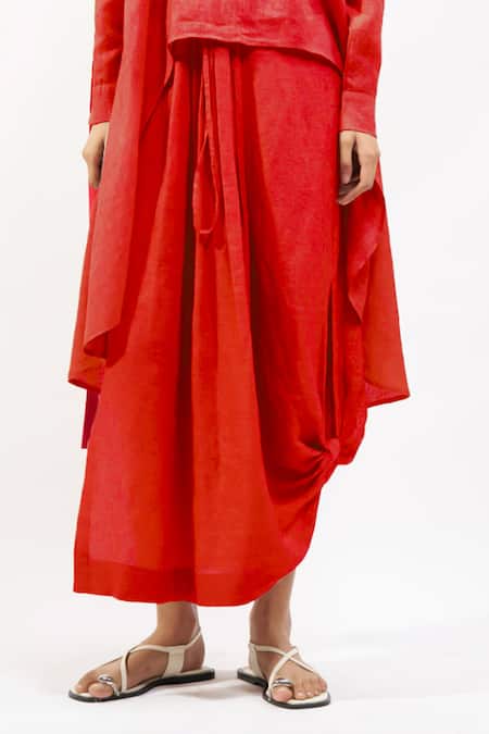 AK-OK_Red Linen Collared, V-neck Shirt And Asymmetric Skirt Set _Online_at_Aza_Fashions