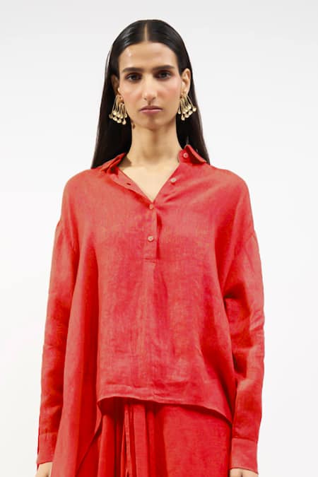 AK-OK Linen Collared Shirt & Asymmetric Skirt Set 