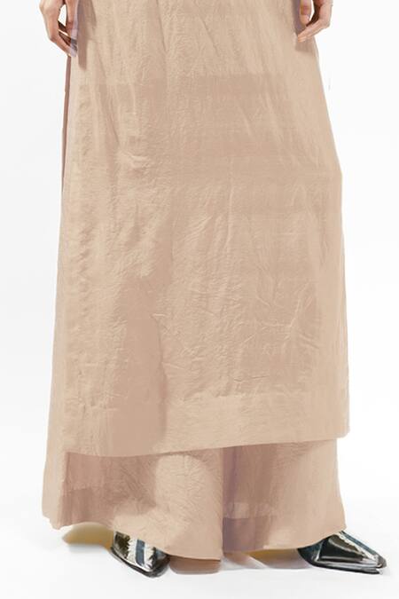 AK-OK_Cream Silk Embroidery Split V-neck Kurta And Trouser Set _Online_at_Aza_Fashions