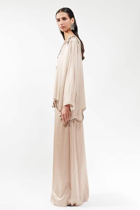 AK-OK_Cream Silk Sequins, Beads Split V-neck Embellished Habutai Kaftan Kurta _Online_at_Aza_Fashions