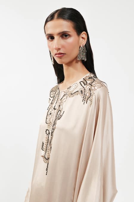 AK-OK_Cream Silk Sequins, Beads Split V-neck Embellished Habutai Kaftan Kurta _at_Aza_Fashions