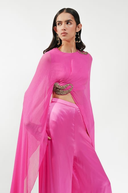 Buy_AK-OK_Pink Silk, Cotton Round Neck Embellished Draped Cape And Trouser Set 