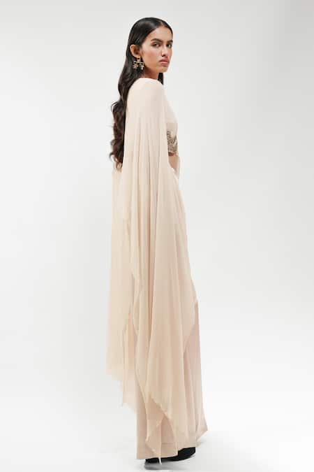 AK-OK Cream Silk Round Neck Embellished Cape And Trouser Set Online at Aza Fashions AK-OK_Cream Silk Round Neck Embellished Cape And Trouser Set _Online_at_Aza_Fashions
