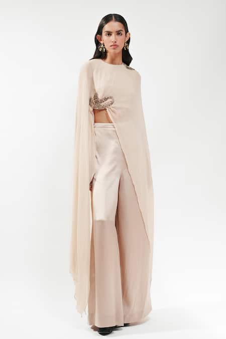 Buy AK-OK Cream Silk Round Neck Embellished Cape And Trouser Set Online at Aza Fashions Buy_AK-OK_Cream Silk Round Neck Embellished Cape And Trouser Set _Online_at_Aza_Fashions