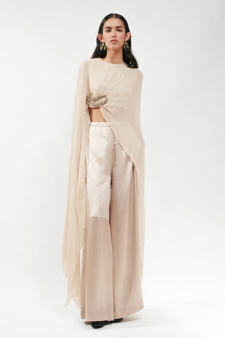 Shop AK-OK Cream Silk Round Neck Embellished Cape And Trouser Set Online at Aza Fashions Shop_AK-OK_Cream Silk Round Neck Embellished Cape And Trouser Set _Online_at_Aza_Fashions