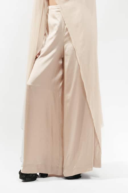Buy AK-OK Cream Silk Round Neck Embellished Cape And Trouser Set Buy_AK-OK_Cream Silk Round Neck Embellished Cape And Trouser Set