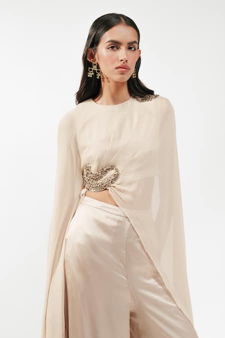 Shop AK-OK Cream Silk Round Neck Embellished Cape And Trouser Set Shop_AK-OK_Cream Silk Round Neck Embellished Cape And Trouser Set