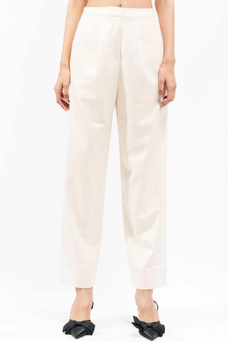 AK-OK_Cream Cotton Pure Pleated Trouser _Online_at_Aza_Fashions