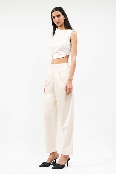 Buy_AK-OK_Cream Cotton Pure Pleated Trouser _Online_at_Aza_Fashions