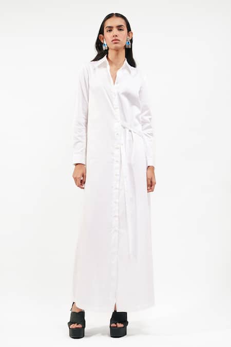 AK-OK_White Cotton Collared, V-neck Button-down Maxi Dress _Online_at_Aza_Fashions