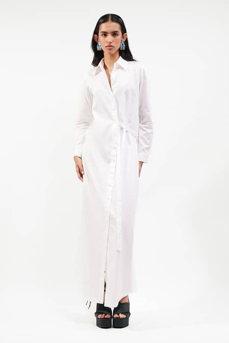 Buy_AK-OK_White Cotton Collared, V-neck Button-down Maxi Dress _Online_at_Aza_Fashions