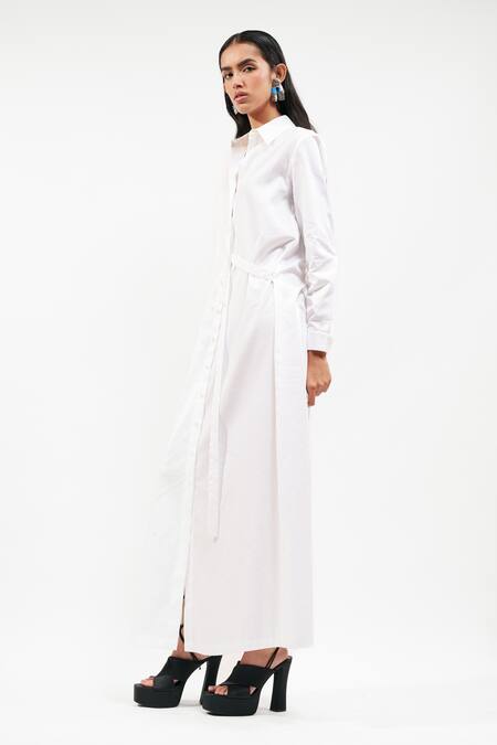 Shop_AK-OK_White Cotton Collared, V-neck Button-down Maxi Dress _Online_at_Aza_Fashions