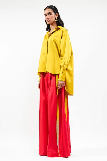 AK-OK_Mustard Cotton Collared, V-neck Oversized Shirt And Wide Legged Trouser Set _Online_at_Aza_Fashions