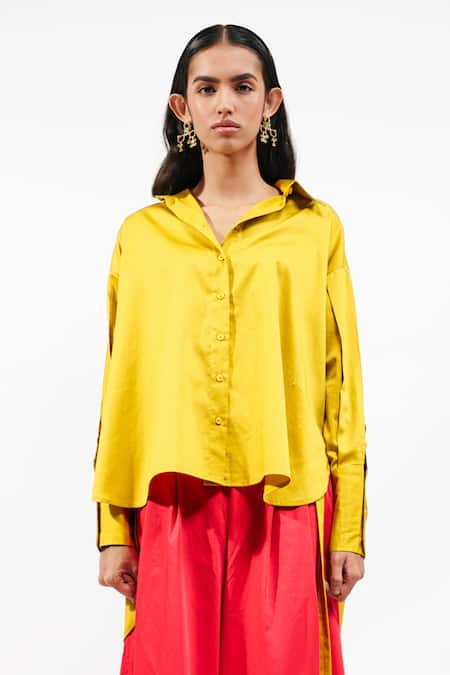 Buy_AK-OK_Mustard Cotton Collared, V-neck Oversized Shirt And Wide Legged Trouser Set _Online_at_Aza_Fashions
