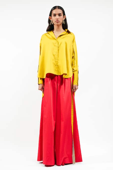 Shop_AK-OK_Mustard Cotton Collared, V-neck Oversized Shirt And Wide Legged Trouser Set _Online_at_Aza_Fashions