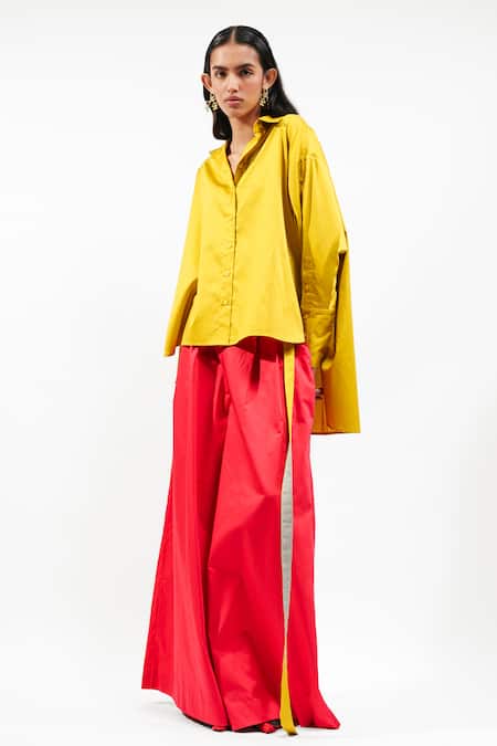AK-OK_Mustard Cotton Collared, V-neck Oversized Shirt And Wide Legged Trouser Set _at_Aza_Fashions