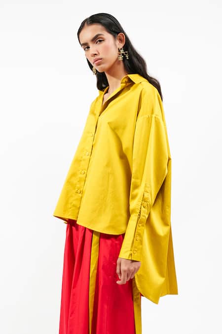 Buy_AK-OK_Mustard Cotton Collared, V-neck Oversized Shirt And Wide Legged Trouser Set 