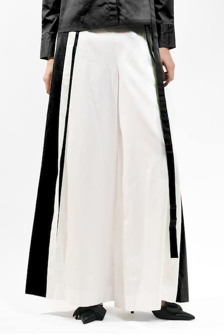 AK-OK_Black Cotton Collared Panelled Shirt And Wide Legged Trouser Set _Online_at_Aza_Fashions