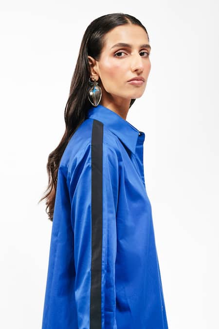 AK-OK_Blue Cotton Collared, Button-down Neck Shirt Dress _at_Aza_Fashions