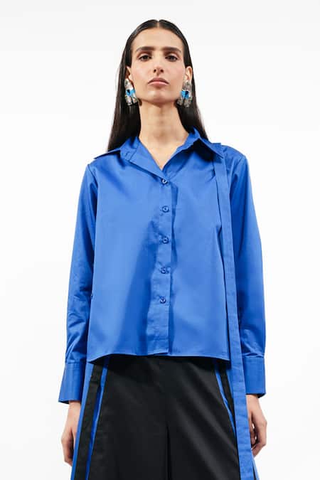 Shop_AK-OK_Blue Cotton Collared, V-neck Solid Shirt And Trouser Set _Online_at_Aza_Fashions