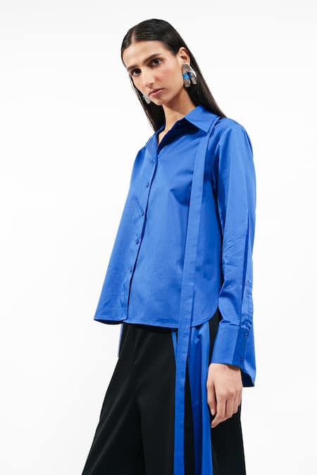 AK-OK_Blue Cotton Collared, V-neck Solid Shirt And Trouser Set _at_Aza_Fashions