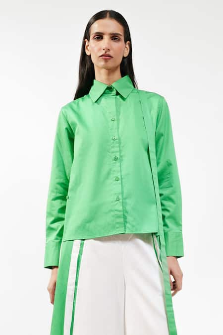 AK-OK_Green Cotton Collared Solid Shirt And Trouser Set _at_Aza_Fashions