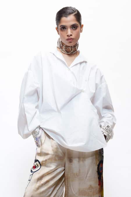 AK-OK_White Cotton Sequins Collared, V-neck Oversized Shirt _Online_at_Aza_Fashions
