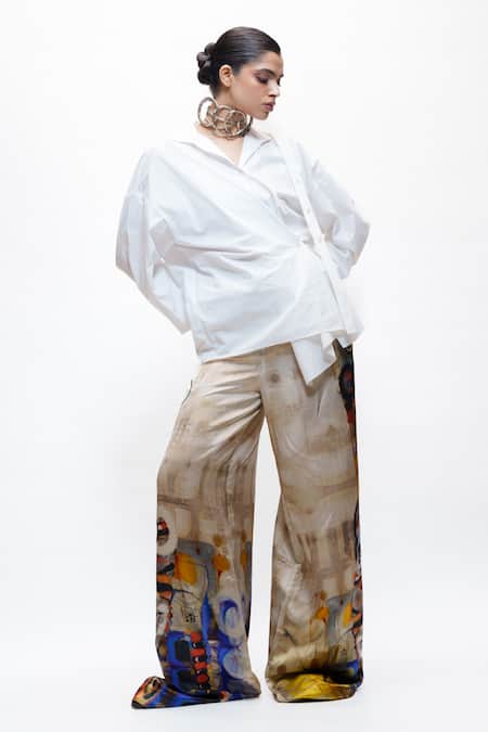 Buy_AK-OK_White Cotton Sequins Collared, V-neck Oversized Shirt _Online_at_Aza_Fashions