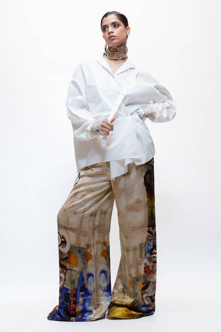 AK-OK_White Cotton Sequins Collared, V-neck Oversized Shirt _at_Aza_Fashions