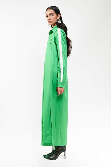 AK-OK_Emerald Green Cotton Collared, Button-down Neck Full Sleeve Maxi Shirt Dress _Online_at_Aza_Fashions
