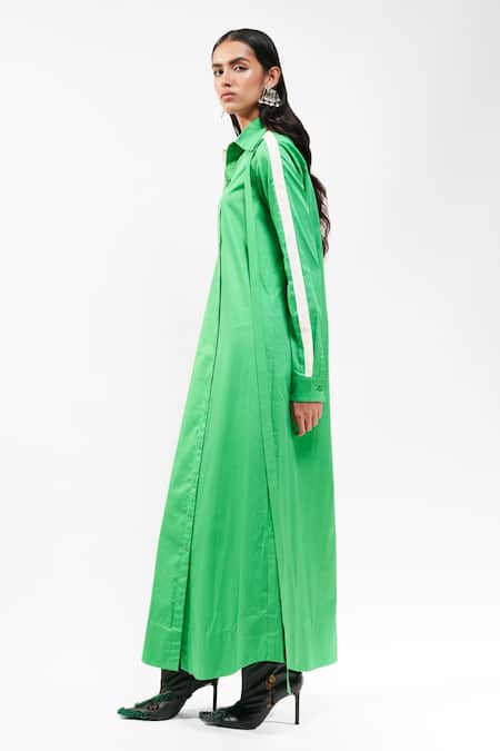 Buy_AK-OK_Emerald Green Cotton Collared, Button-down Neck Full Sleeve Maxi Shirt Dress _Online_at_Aza_Fashions
