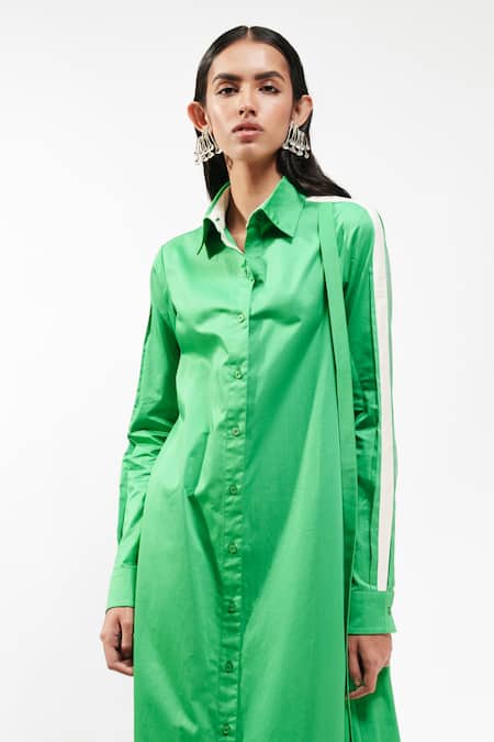 Shop_AK-OK_Emerald Green Cotton Collared, Button-down Neck Full Sleeve Maxi Shirt Dress _Online_at_Aza_Fashions