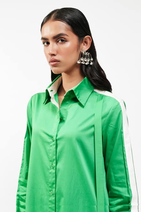 AK-OK_Emerald Green Cotton Collared, Button-down Neck Full Sleeve Maxi Shirt Dress _at_Aza_Fashions