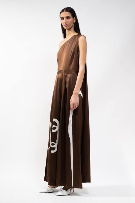 AK-OK_Brown Silk One Shoulder Draped Jumpsuit _Online_at_Aza_Fashions