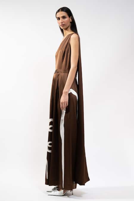 Buy_AK-OK_Brown Silk One Shoulder Draped Jumpsuit _Online_at_Aza_Fashions