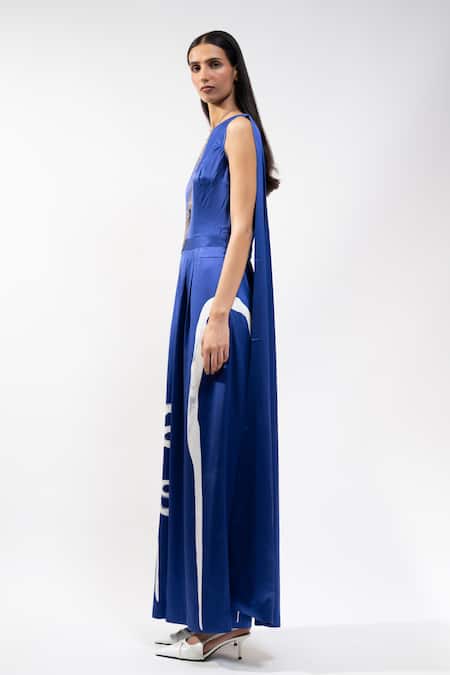 AK-OK_Blue Silk One Shoulder Abstract Print Jumpsuit _Online_at_Aza_Fashions