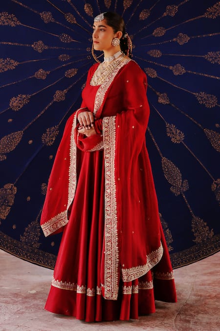 Jigar Mali_Maroon Chanderi Embroidery, Gota Patti, Zari Scoop Anarkali Set With Dupatta _Online_at_Aza_Fashions