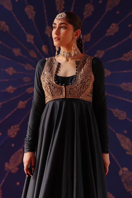 Jigar Mali_Blue Chanderi Embroidery, Metallic Thread Scoop Neck, Plunge Jacket Anarkali Set _Online_at_Aza_Fashions