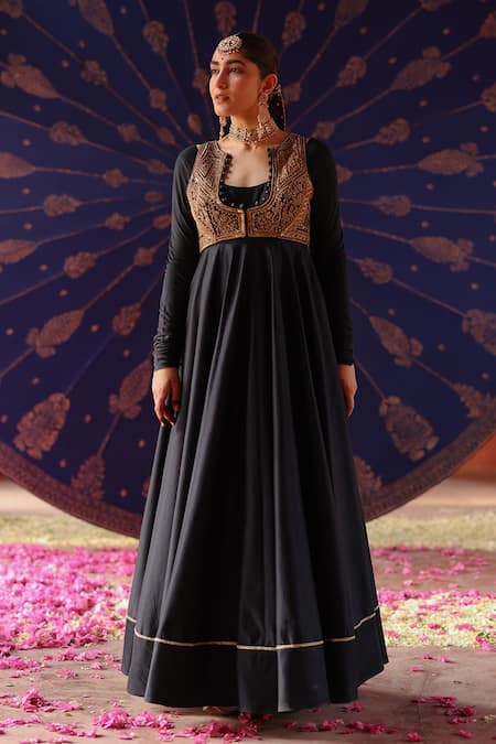 Shop_Jigar Mali_Blue Chanderi Embroidery, Metallic Thread Scoop Neck, Plunge Jacket Anarkali Set _Online_at_Aza_Fashions