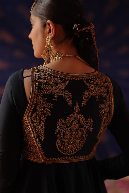 Jigar Mali_Blue Chanderi Embroidery, Metallic Thread Scoop Neck, Plunge Jacket Anarkali Set _at_Aza_Fashions