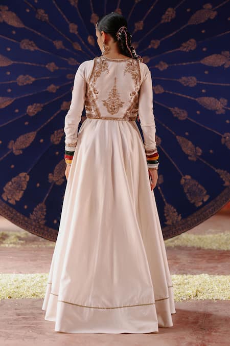 Jigar Mali Embroidered Chanderi Jacket Anarkali Set 